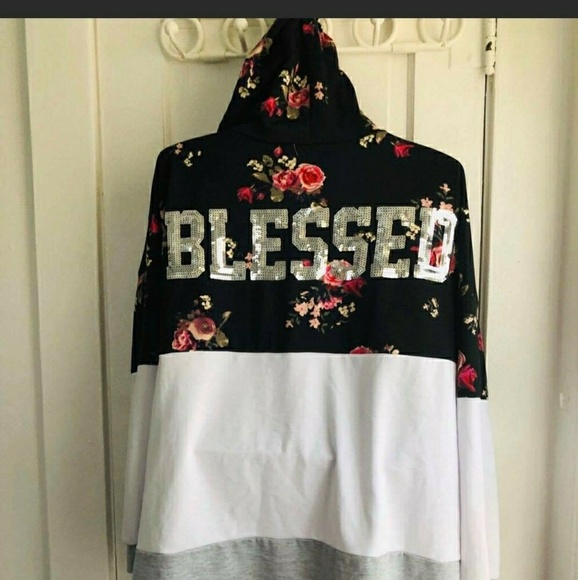 stella tweed Tops - stella tweed floral sequin hoodie blessed 3x